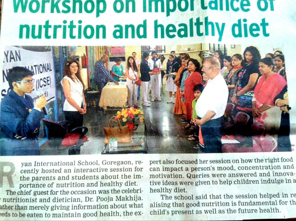 Workshop on importance of nutrition and healthy living was featured in TOI - Ryan International School, Goregaon East